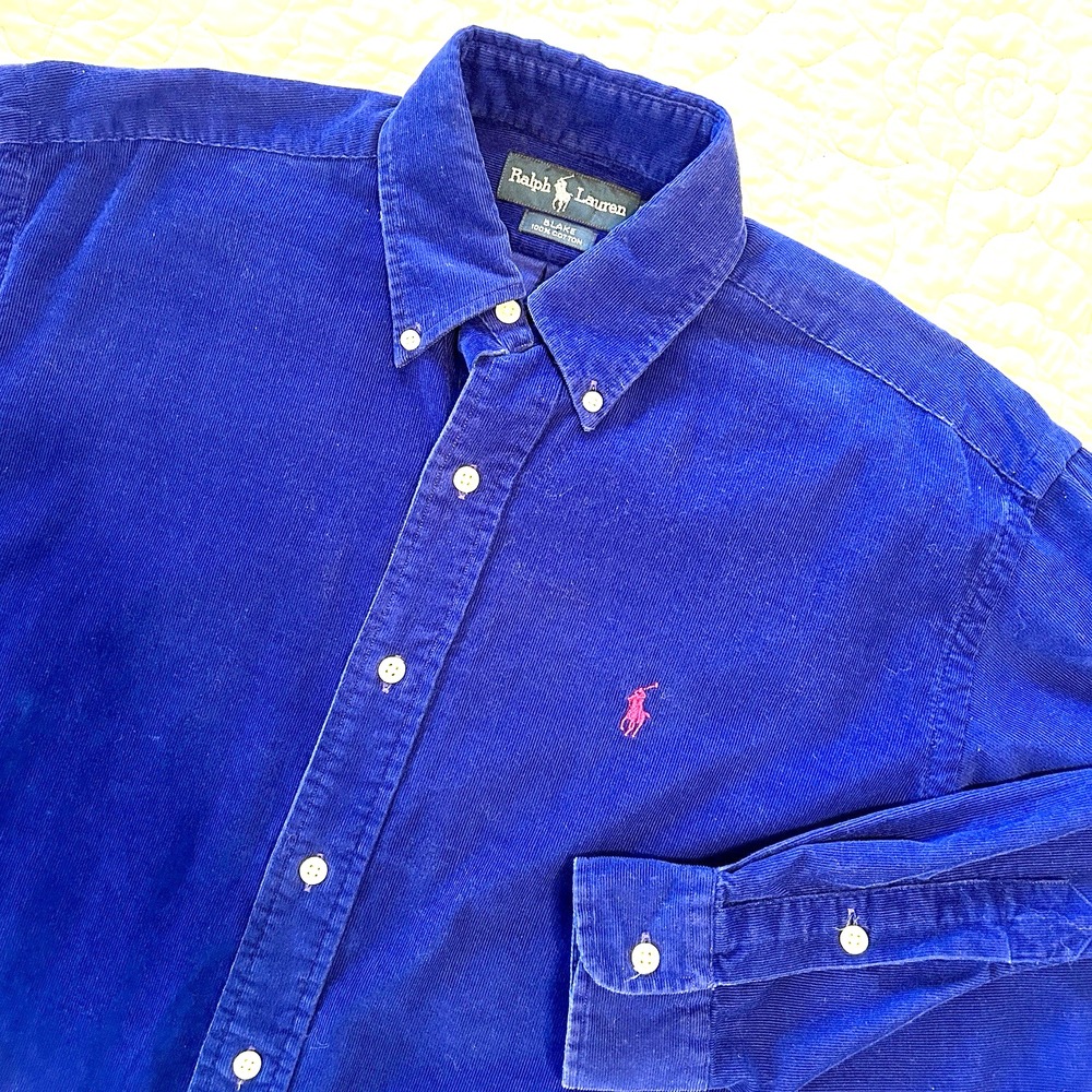 Ralph Lauren Corduroy Blake Long Sleeve Button Down Mens S Blue w/Maroon Pony